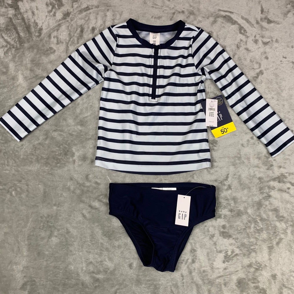 NEW Baby Gap Kids 3T Navy Striped Long Sleeve Rash Guard Swimsuit Set 2pc UPF 50